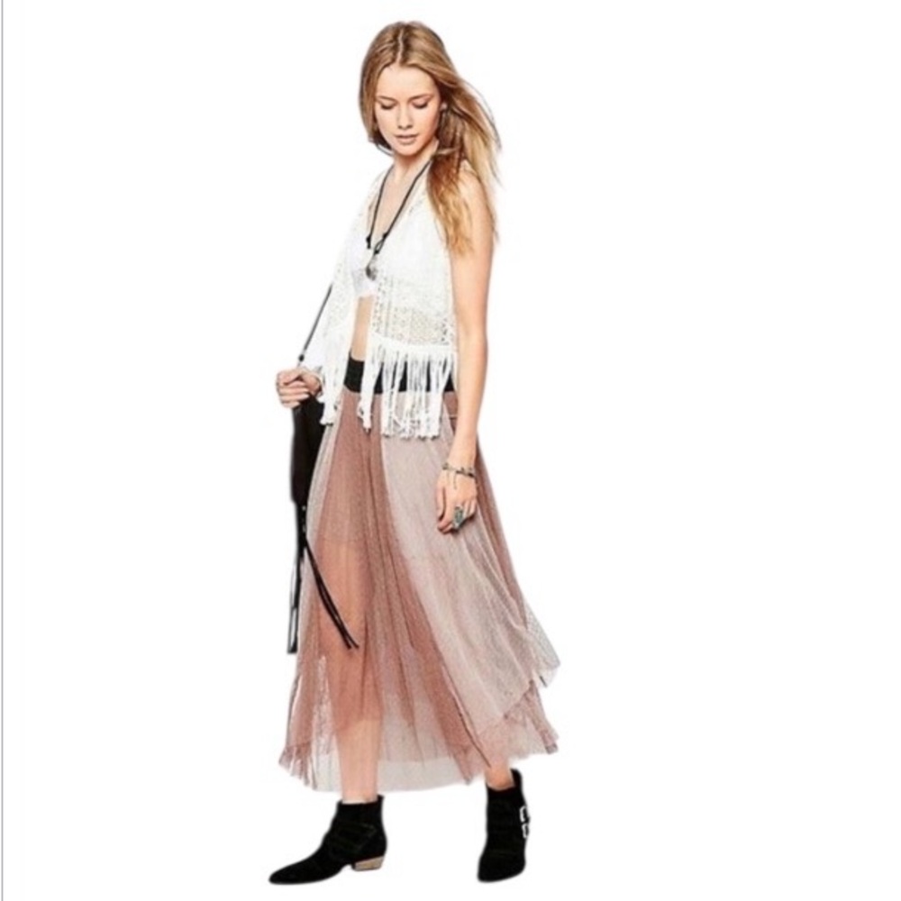 Free People Elegant Brown and Pink Layered Sheer Maxi Skirt